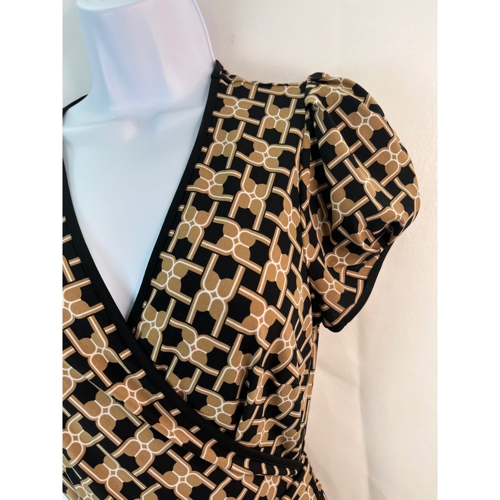 Women's Geometric Wrap Midi Dress Short Puff Sleeves S Secretary 50's Church - Picture 6 of 13